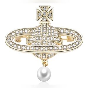 Elegant Vivienne Westwood Gold tone Crystal Saturn Pearl dangle Bag Logo Brooch